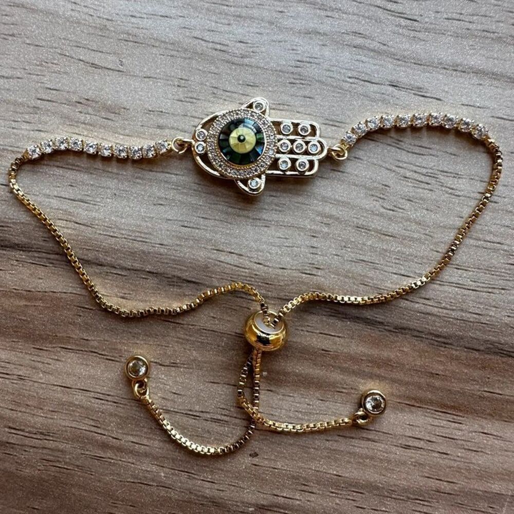 Hamsa Hand Eye Crystal Bracelet Gold Tone Slider Sparkle hand palm